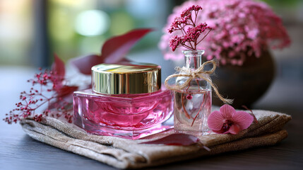 Hyaluronic acid cosmetic gel. Skin care pink product. Cosmetic clear liquid transparent cream.  