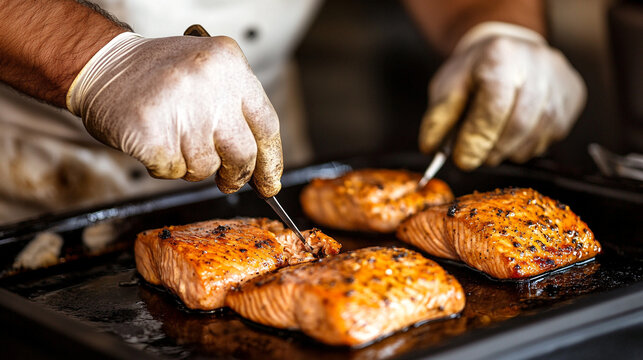 Close-up shows a chef carefully checking the doneness of seasoned salmon fillets on a dark baking sheet in a