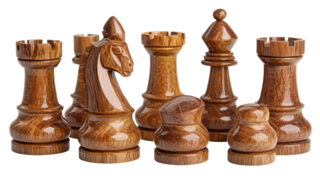 Traditional carved wooden chess pieces set for strategy board game isolated on white background
