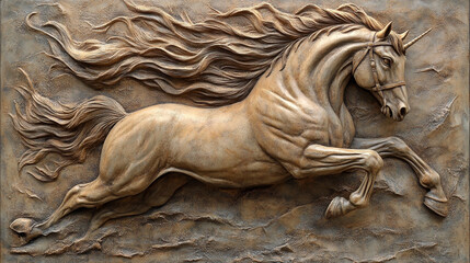 Dramatic full body horse relief sculpture with flowing mane and tail.