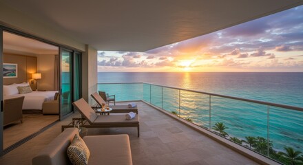 Fototapeta premium Oceanfront Balcony Sunset View Luxury Resort Room