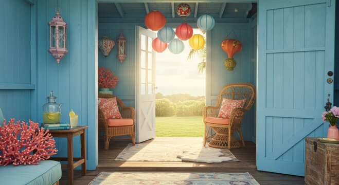 Sunlit She Shed with Colorful Lanterns and Wicker Chairs