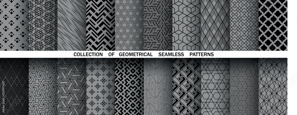Poster Geometric set of seamless black and gray patterns. Simple vector graphics