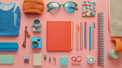 Flat lay arrangement of toddler's clothing and accessories on pink