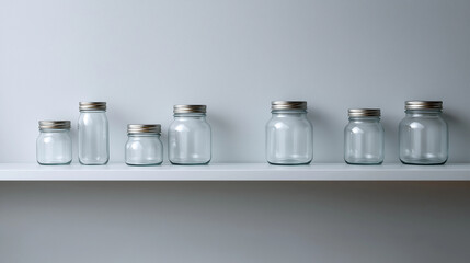 Glass jars varying in size, featuring metal lids, positioned neatly on white shelving against minimalist gray background, showcasing organizational simplicity