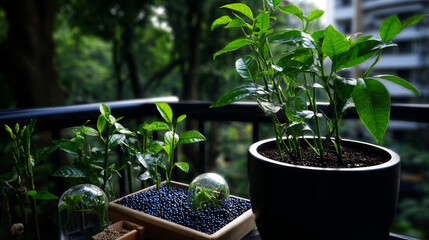 Seedlings are growing in soil with growth compared to year 2021-2022 and light bulb for innovations and ideas for the new year. Development to success in year 2022. 