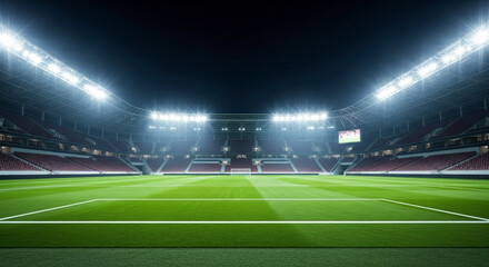 Illuminated American Football Stadium At Night with Green Field Empty Seats and Bright Lights