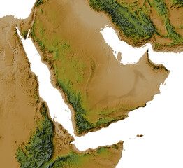 Colored terrain map of Arabian Peninsula (Saudi Arabia, Red Sea, Gulf of Aden, Persian Gulf, LCC projection)
