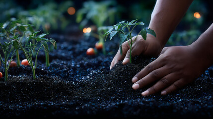 Fertilization and the role of nutrients in plant life. Soil with digital mineral nutrients icon.