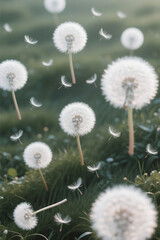 Obraz premium Surreal floating dandelions, soft white seeds blowing in the wind.
