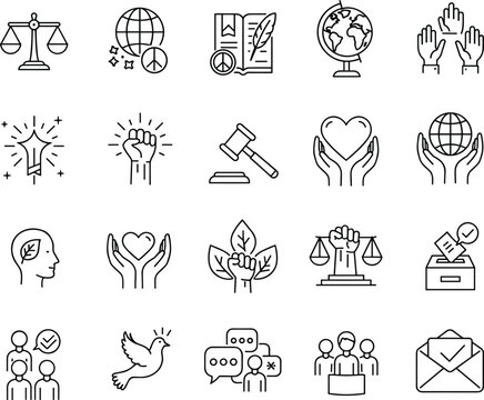 Human rights, peace, justice, freedom, activism, and democracy line icon set, equality and social issues, isolated vector illustration pack