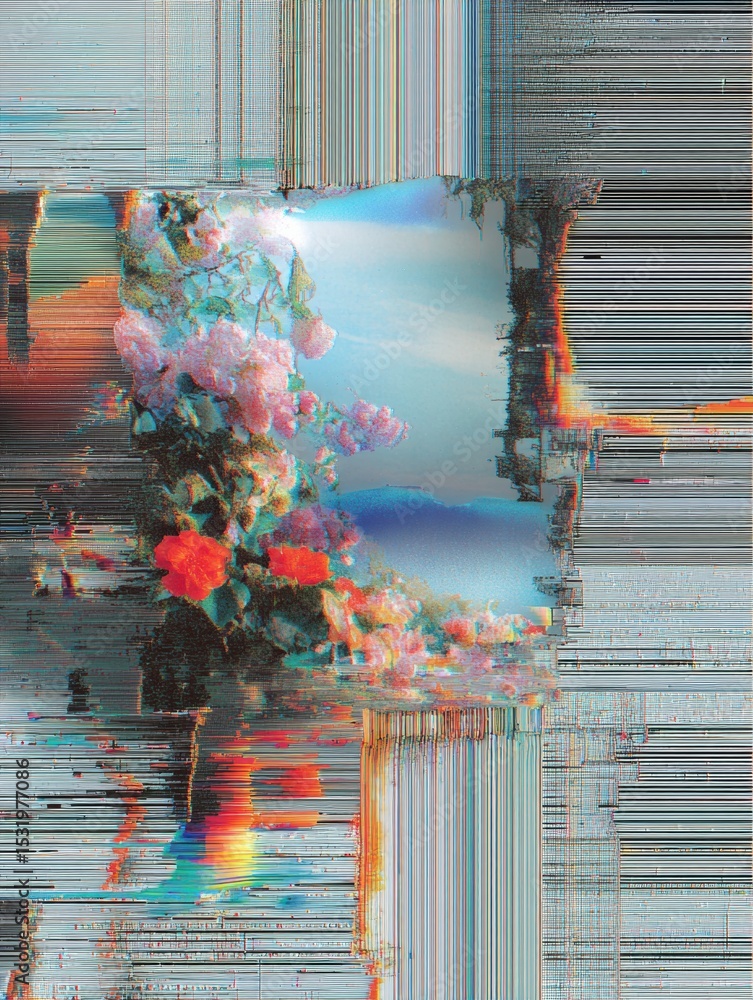 Poster Corrupted System Error Warning With Floral Fragments and Distorted Landscape Elements in the Background