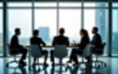 Business meeting in glass room office with blurred people background. High quality