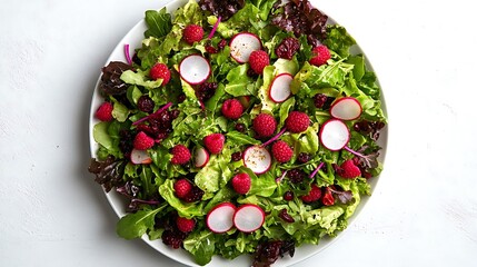 Fresh Green Salad with Raspberries, Radishes, and Cranberries Served on White Plate