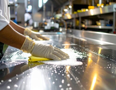A person wearing gloves cleans a shiny stainless steel surface using a yellow cloth and foamy cleaner in a well-lit industrial or commercial kitchen environment.