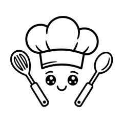 Cute cartoon chef with spoon and whisk isolated on white background