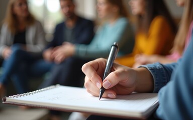 A close-up of a person's hand writing in a notebook, with a group of people blurred in the background. The setting appears to be a cozy, informal gathering, possibly a workshop or support group.