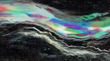 Glitch grainy Abstract smeared Iridescent background, digital texture waves 