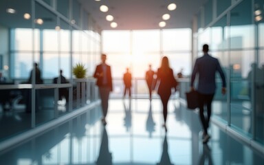 Bright business workplace with people in walking in blurred motion in modern office space. High quality