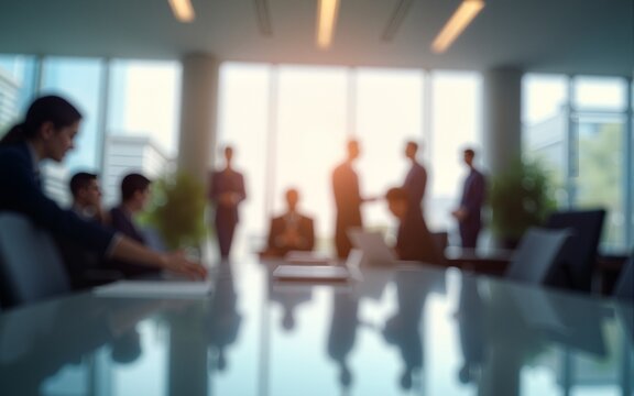 blured business people walking with fast movement in office and people meeting on table. High quality