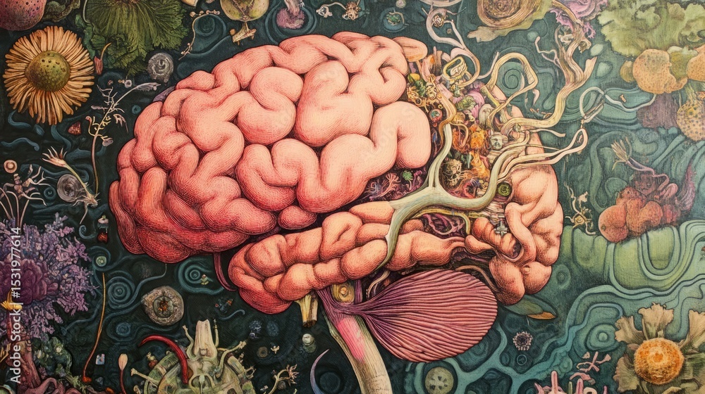Poster detailed illustration of human brain highlighting neural pathways and cerebral lobes with glowing sy