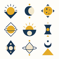 Celestial geometric design featuring sun, moon, and planets in a modern style