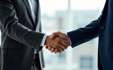 Business partnership meeting. Photo businessmans handshake. Successful businessmen handshaking after good deal. Horizontal, blurred background. High quality