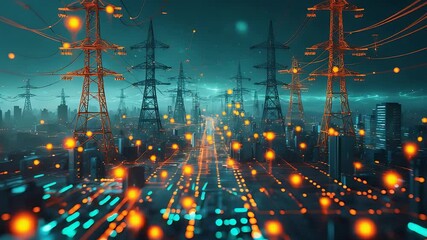 High Voltage Power Grid with Glowing Digital Energy Lines and Transmission Towers Spanning a Futuristic Cityscape at Night

 - Powered by Adobe