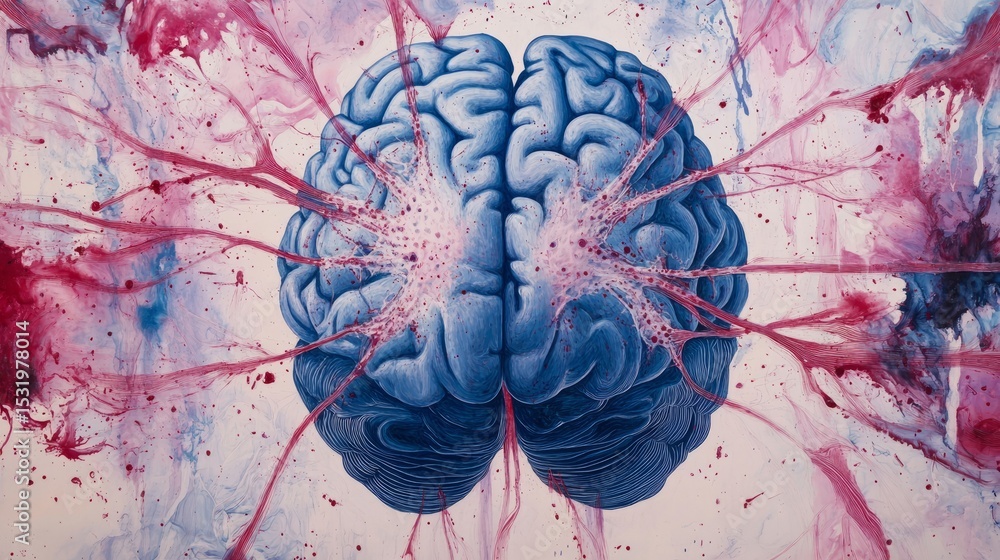 Poster detailed 3d illustration of human brain activity with neural plexus lines highlighting external cere