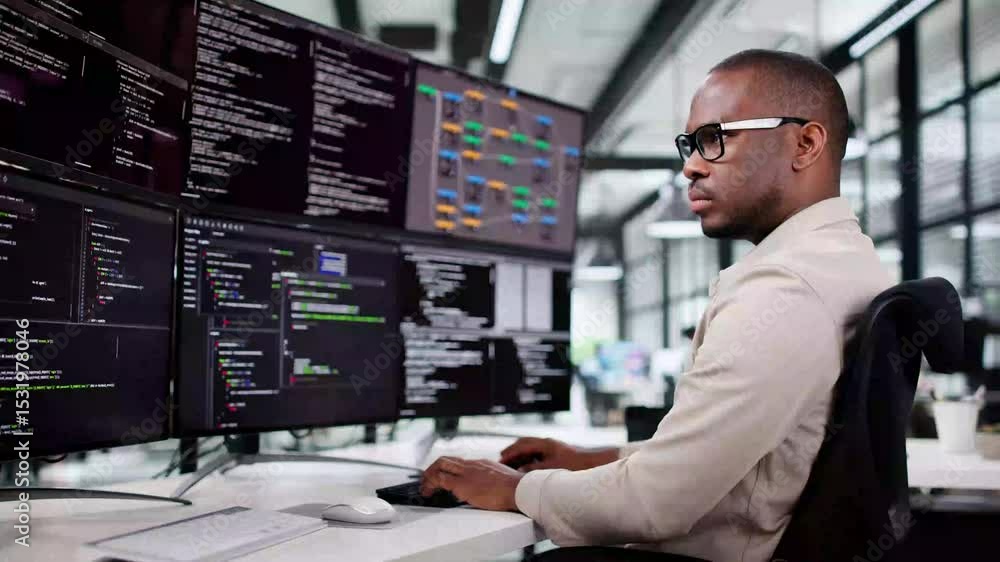 Fototapete Man Coding Web Software In Office With Mutliple Monitors