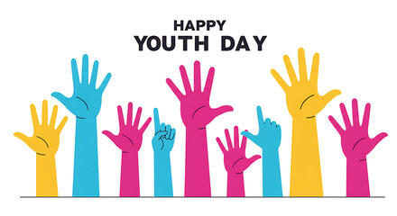 A contemporary flat vector illustration featuring multiple raised hands in various expressive gestures - Set For friendship theme and international youth day