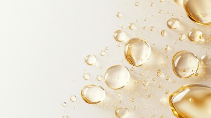 Fototapeta premium A background featuring transparent golden droplets over a soft beige or white canvas, symbolizing luxurious oils