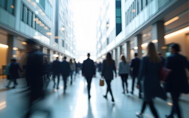 Generative AI. motion blur image of business people crowd walking at corporate office in city downtown, blurred background, business center concept, white color tone. High quality