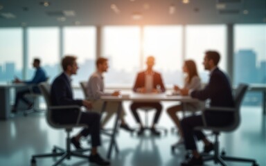 Blurred business people meeting in office interior with space for background or banner design. High quality