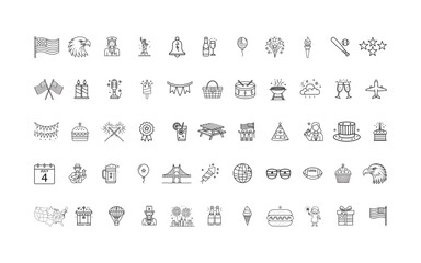 4th of July Icon Set in Line Style – USA Independence Day Symbols, Patriotic Silhouettes, American holiday decor signs linear pictograms package, Editable Stroke 
