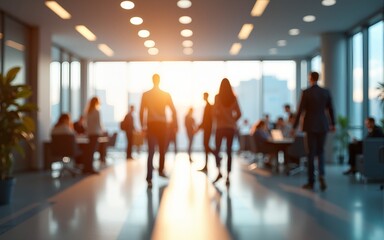Bright and modern business workplace with people walking in blurred motion, showcasing a dynamic office environment with open space, contemporary design, and collaborative work atmosphere