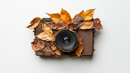 Vintage folding camera creatively adorned with autumn leaves on white