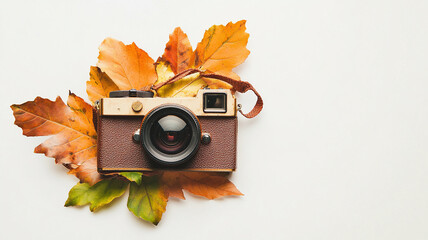 Vintage rangefinder camera surrounded by vibrant fall leaves on white