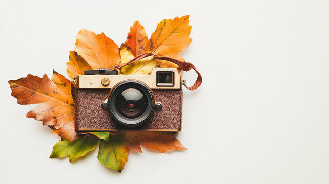 Vintage rangefinder camera surrounded by vibrant fall leaves on white