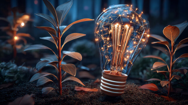  Lightbulb is located on the soil, and plant are growing.Renewable energy generation is essential in the future.