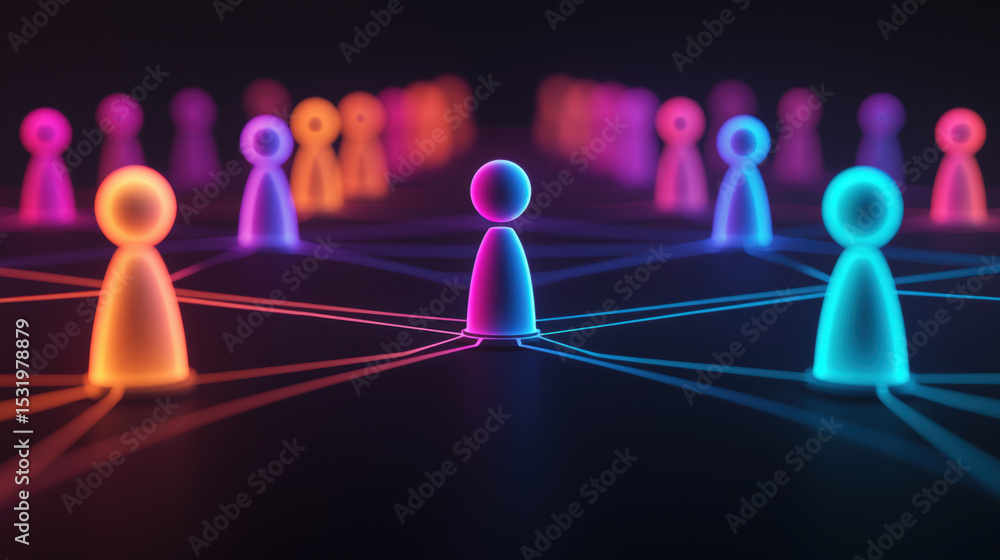 Poster neon-colored game pieces connected by glowing lines symbolize digital networking and social connecti