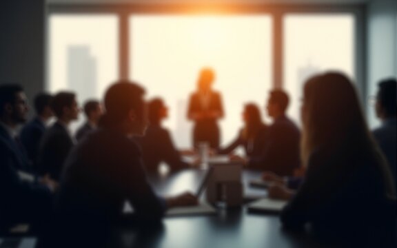 Silhouettes of businesspeople gathered in conference room for negotiation or seminar event, female leader standing inf front of audience makes speech or presentation, blurred view. Business meeting
