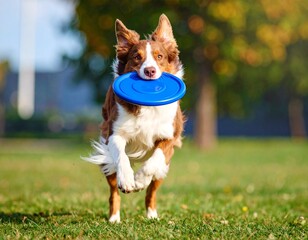 dog running with a disc for disk; funny pet playing