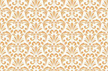 Floral pattern. Seamless vector background. Vintage wallpaper in the Baroque style. White and golden ornament for fabric, wallpaper, packaging. Ornate Damask flower illustration