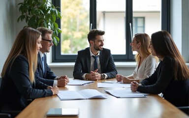 Corporate people working together in the conference room of their office, sharing idea and planning the business strategy of their company - Teamwork and brainstorming concept. High quality