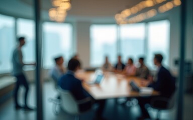 Defocused board meeting background behind glass wall. High quality