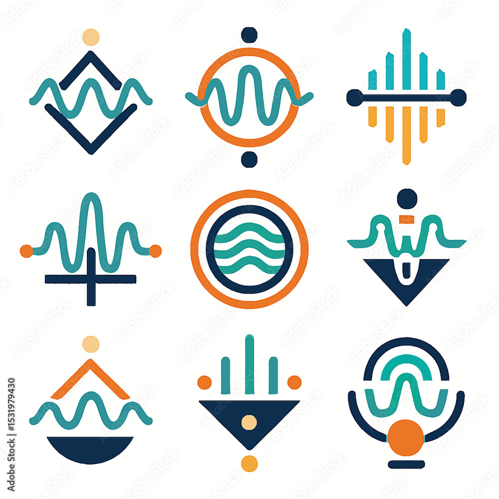Poster collection of unique abstract geometric vector designs with waves and lines in vibrant colors
