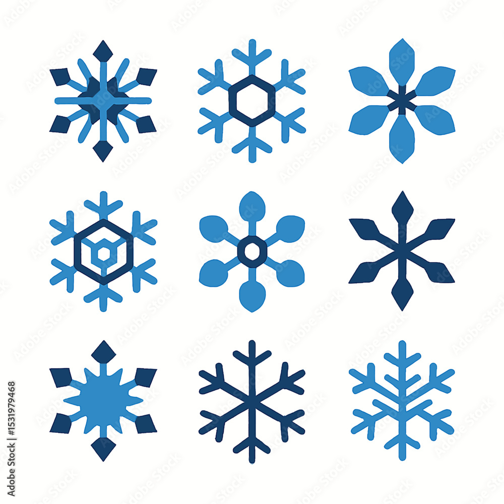 Poster collection of unique blue snowflake vector designs in a grid pattern for winter