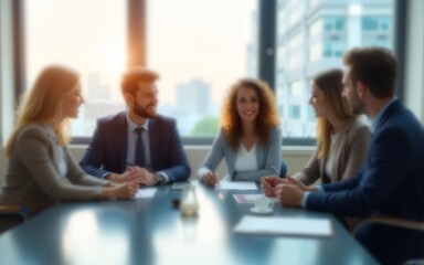 Blurred business people meeting in office interior with space for background or banner design. High quality