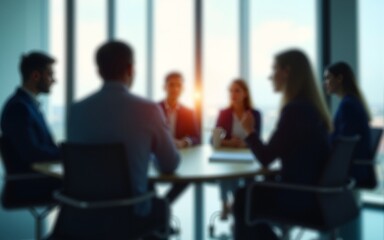 Group of businesspeople negotiating gathered in modern conference room, blurred silhouettes view, meeting behind closed glass doors. Business communication, workflow, decision-making, strategy sharing